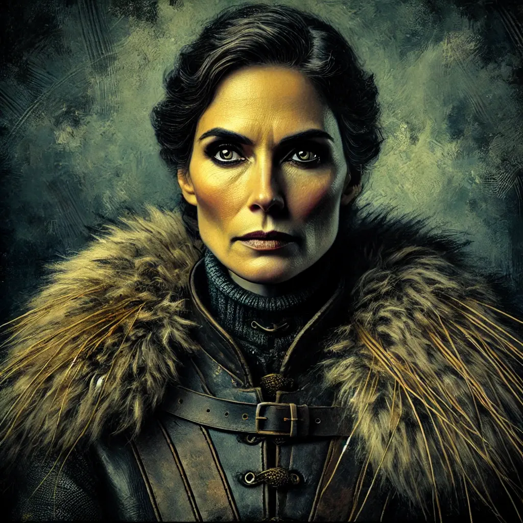 DALL·E 2025-02-16 23.11.06 - A dramatic portrait of Marla Harrowden, a formidable noblewoman in her 40s with a stern, calculating gaze. Her face is lined with experience, yet reta.webp