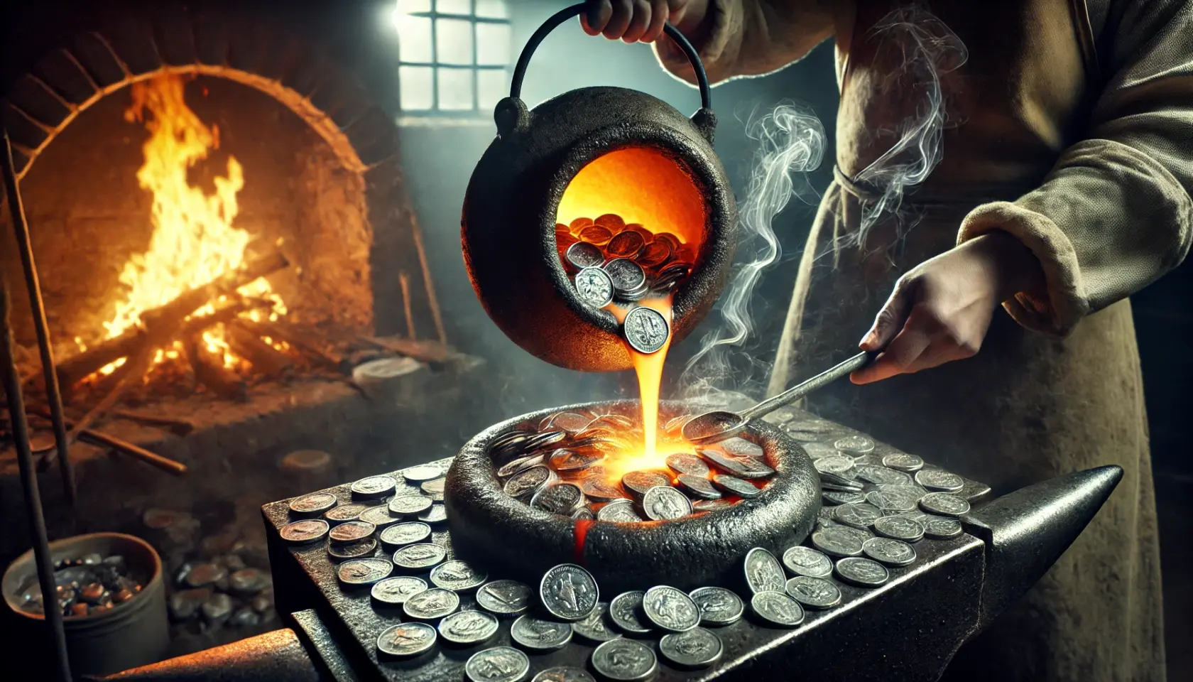 DALL·E 2025-02-19 09.49.02 - A medieval-style blacksmith’s forge where silver coins are being carefully poured into a round molten crucible. The glowing liquid metal swirls as the.webp