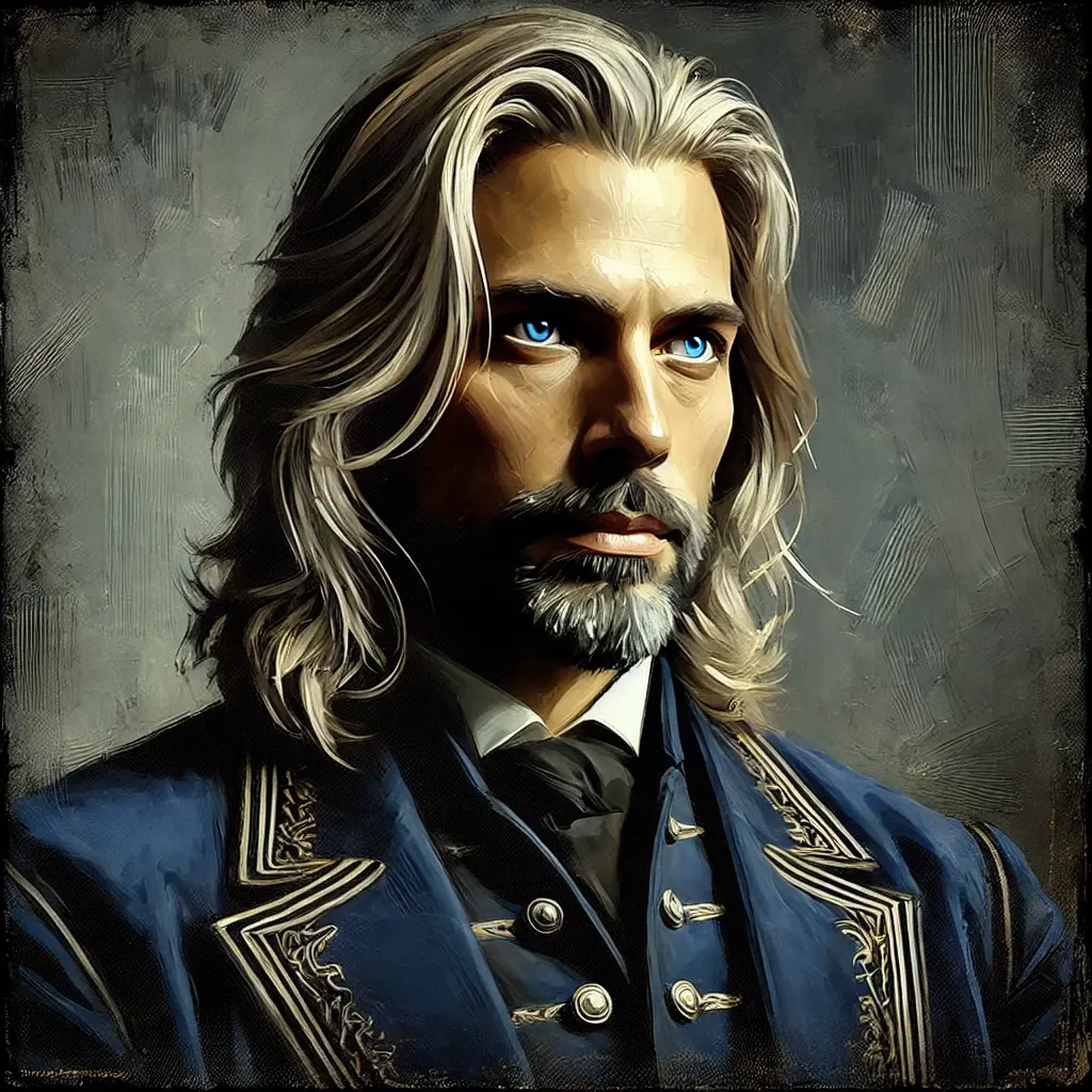 DALL·E 2025-02-16 22.15.38 - A stylized portrait of Lord Eadric Wilthorne, a nobleman in his 40s with shoulder-length blonde hair streaked with gray and a well-groomed beard. His .webp