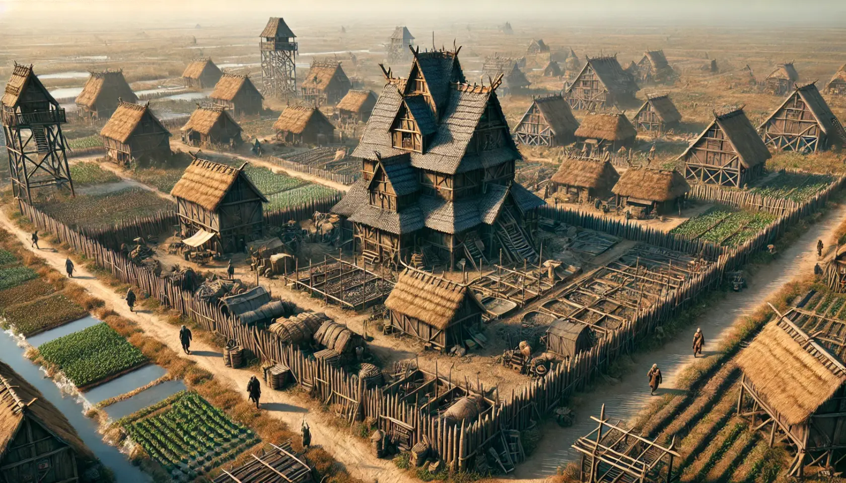DALL·E 2025-02-20 14.47.20 - A resilient medieval settlement built on dry, fertile land, standing as a refuge from a blighted world. The village consists of sturdy timber and ston.webp