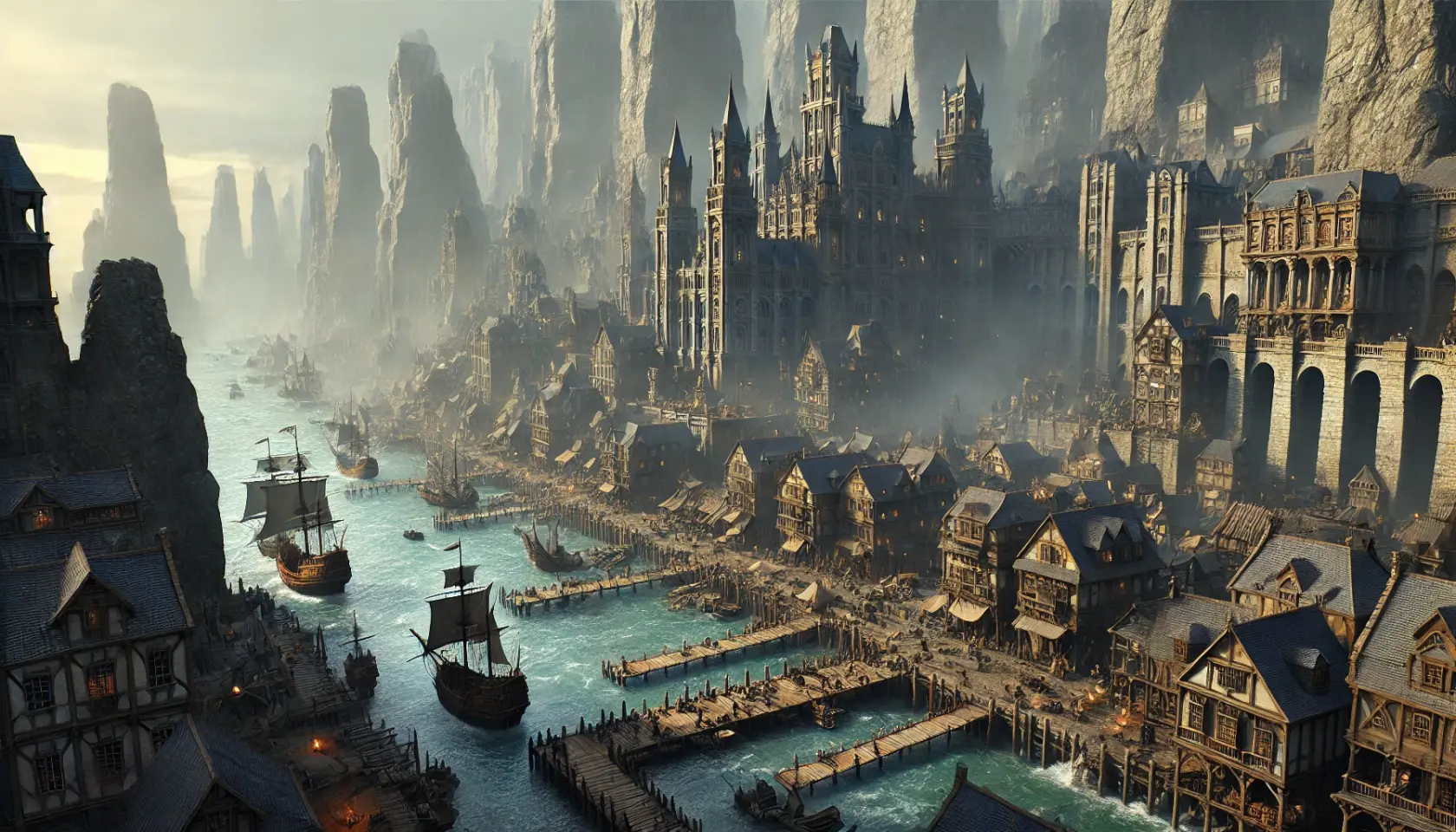 DALL·E 2025-02-21 11.00.52 - A sprawling coastal city built into towering cliffs, with ancient stone structures carved directly into the rock. Below, a bustling harbor filled with.webp
