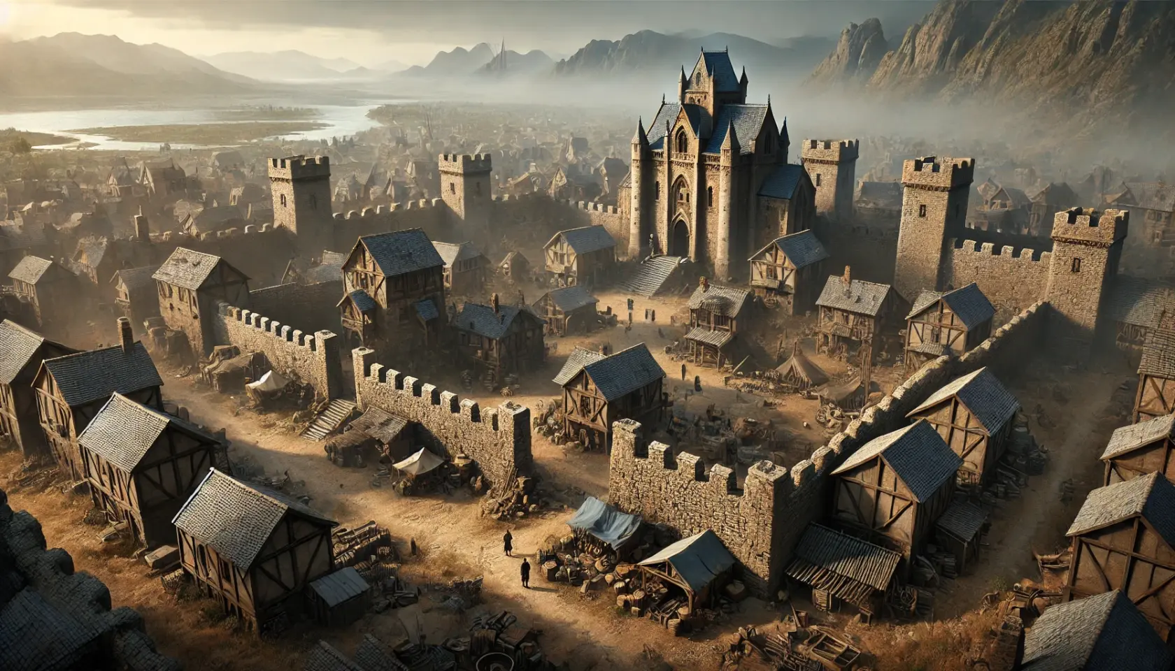 DALL·E 2025-02-20 15.11.07 - A fortified medieval town built on dry, rocky terrain, standing resilient against the encroaching Blight. Mirefield is surrounded by high stone walls .webp