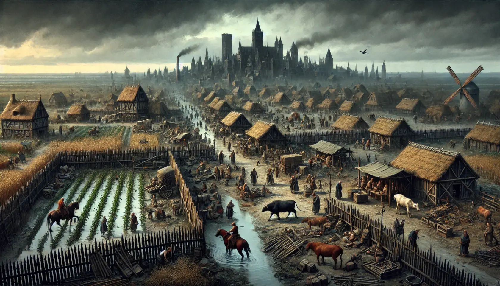 DALL·E 2025-02-21 15.23.05 - A grim and fortified farmland under a dark, overcast sky, now bustling with activity. Farmers and cattlemen work desperately to maintain the land, som.webp