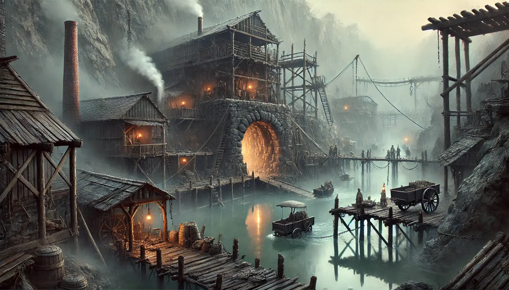 DALL·E 2025-02-20 12.31.26 - A misty mining encampment in a swampy bayou, featuring a large mine entrance carved into a rocky outcrop that rises slightly above the murky waters. T.webp