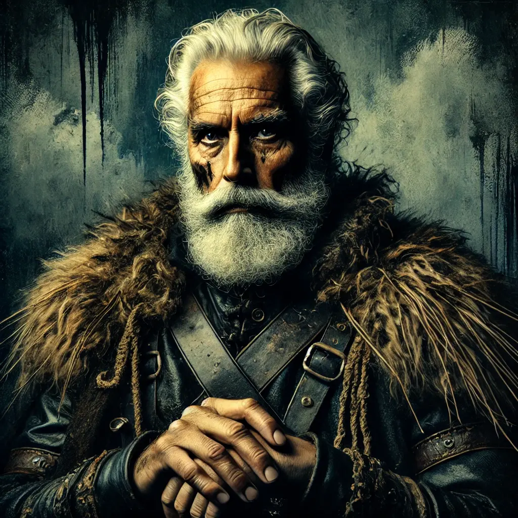 DALL·E 2025-02-16 23.09.36 - A dramatic portrait of Lord Garric Harrowden, an older, broad-shouldered man in his late 60s with a weathered face lined by time and hardship. His han.webp