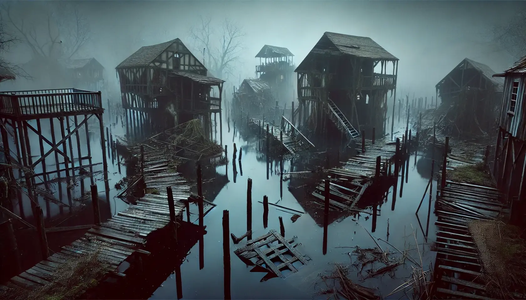 DALL·E 2025-02-20 13.52.47 - A mist-covered, half-submerged medieval town in a swampy bayou, its skeletal remains rising from dark, stagnant waters. The structures are smaller, fe.webp