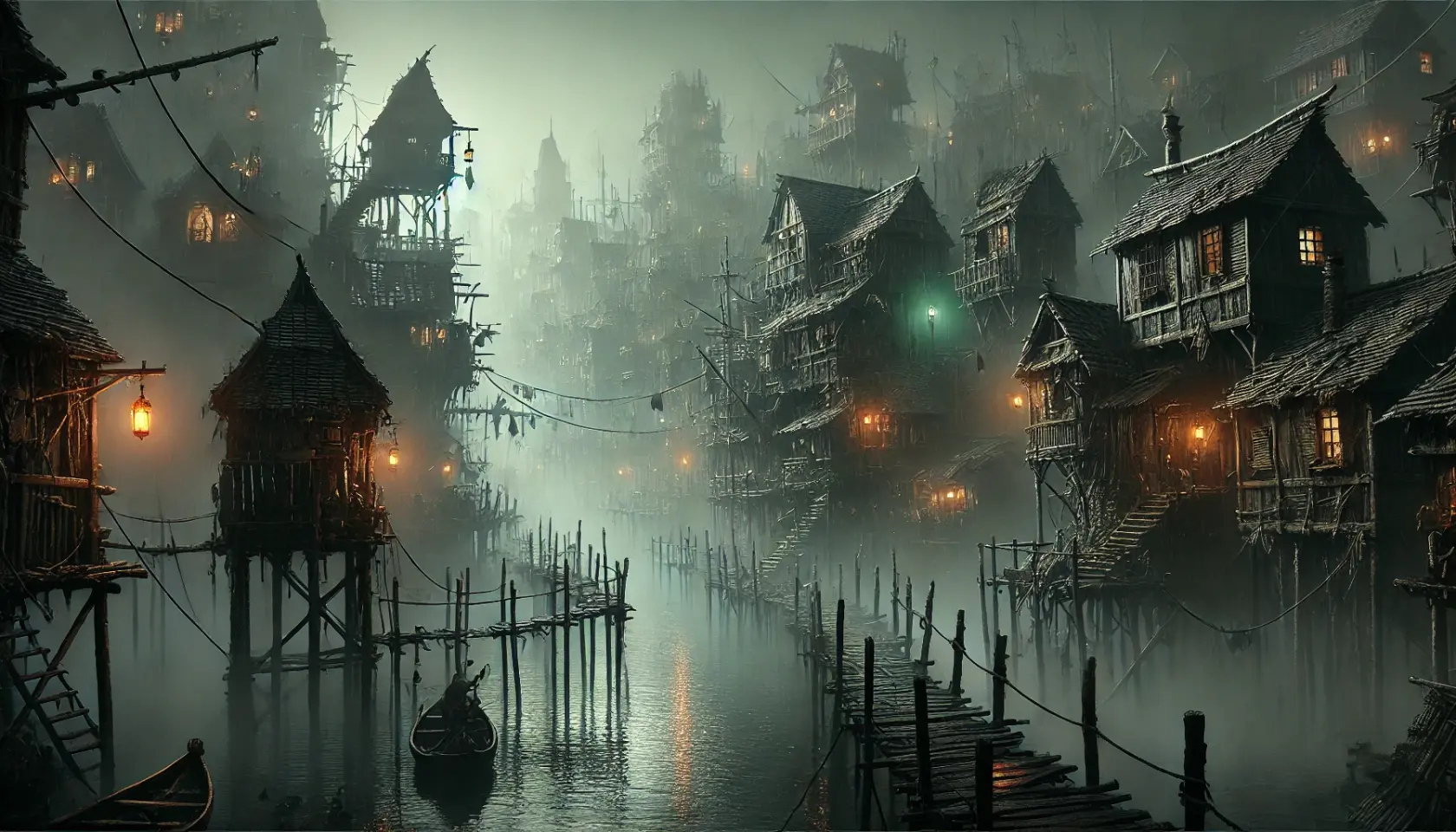 DALL·E 2025-02-20 12.08.59 - A dark, mist-choked swamp city built on wooden stilts and boardwalks, with smaller, tightly packed buildings rather than towering structures. The city.webp