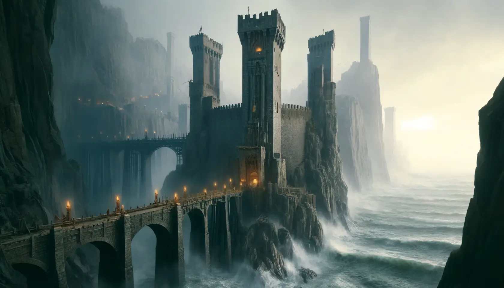 DALL·E 2025-02-21 13.52.08 - A medieval fortress carved into towering seaside cliffs, Rimewatch Keep stands as a massive stone structure blending into the jagged rock. Narrow towe.webp