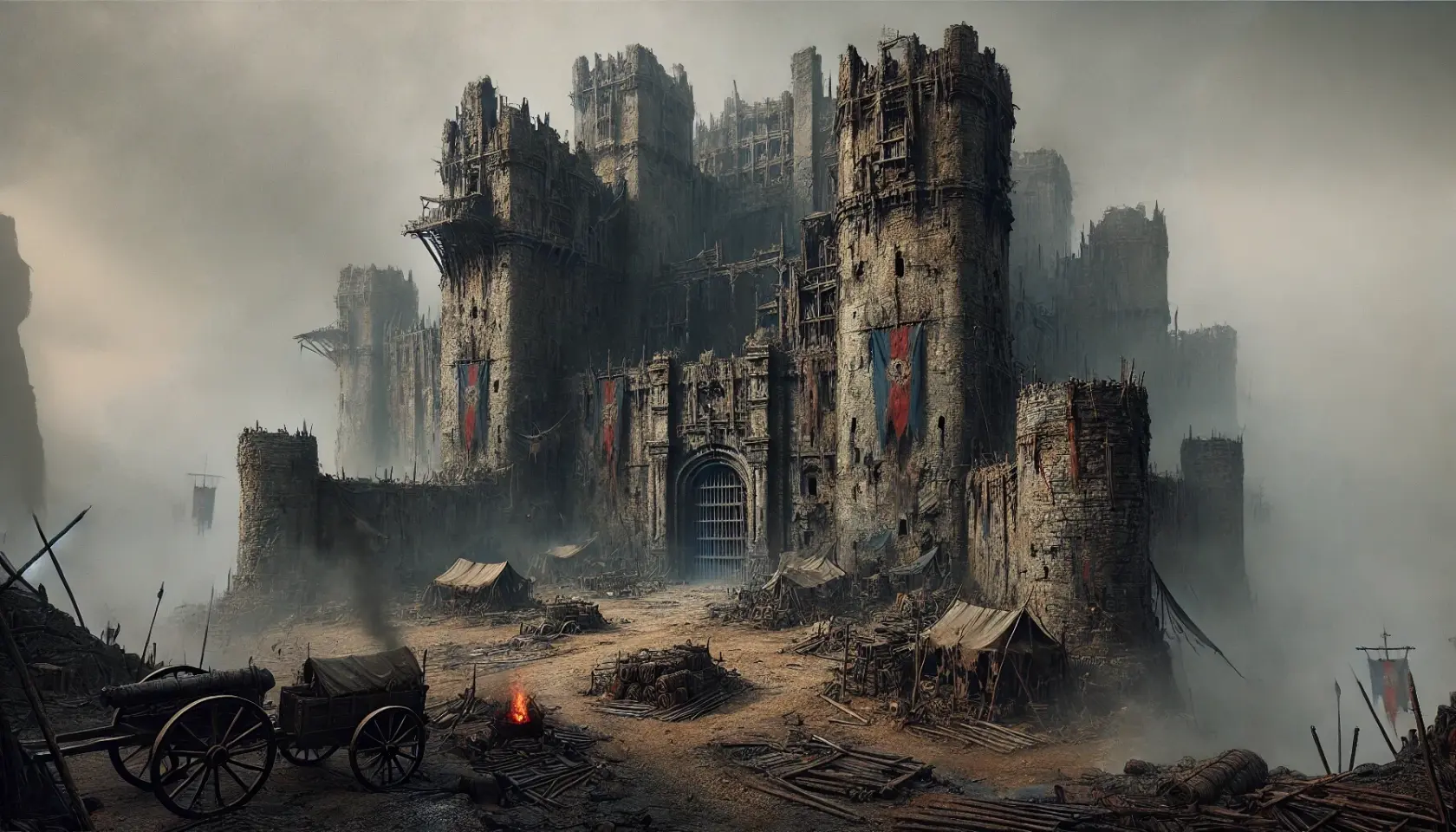 DALL·E 2025-02-18 13.28.50 - A massive, crumbling medieval fortress sits on the ground, surrounded by thick mist and an overcast sky. Its towering stone walls are cracked and weat.webp
