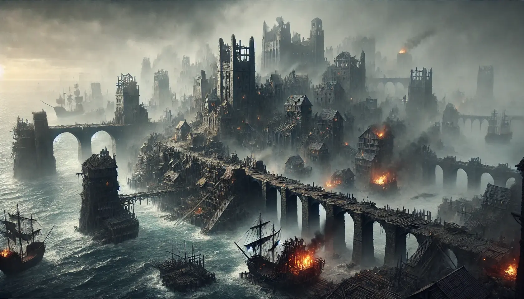 DALL·E 2025-02-21 12.14.39 - A mist-shrouded medieval island city in eerie ruin, surrounded by a dark, churning ocean. A massive, unfinished stone bridge stretches toward the city.webp
