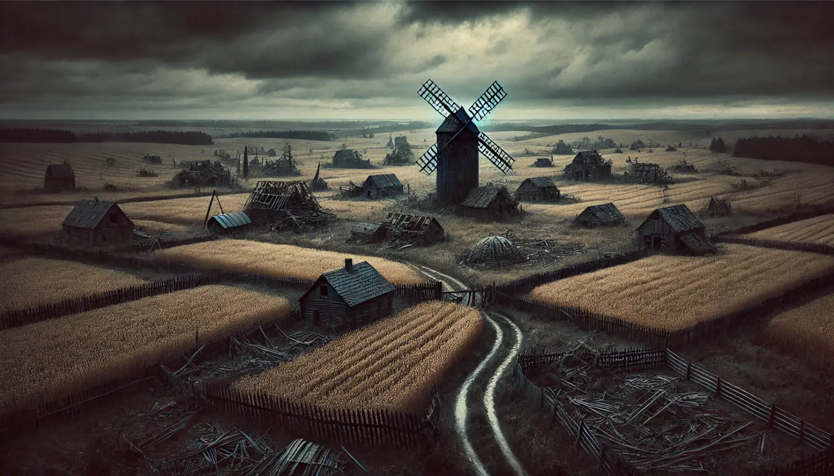 DALL·E 2025-02-21 15.08.16 - A vast expanse of abandoned, blight-ridden farmlands under a dark, overcast sky. Once golden fields of wheat are now blackened and brittle, their stal.webp