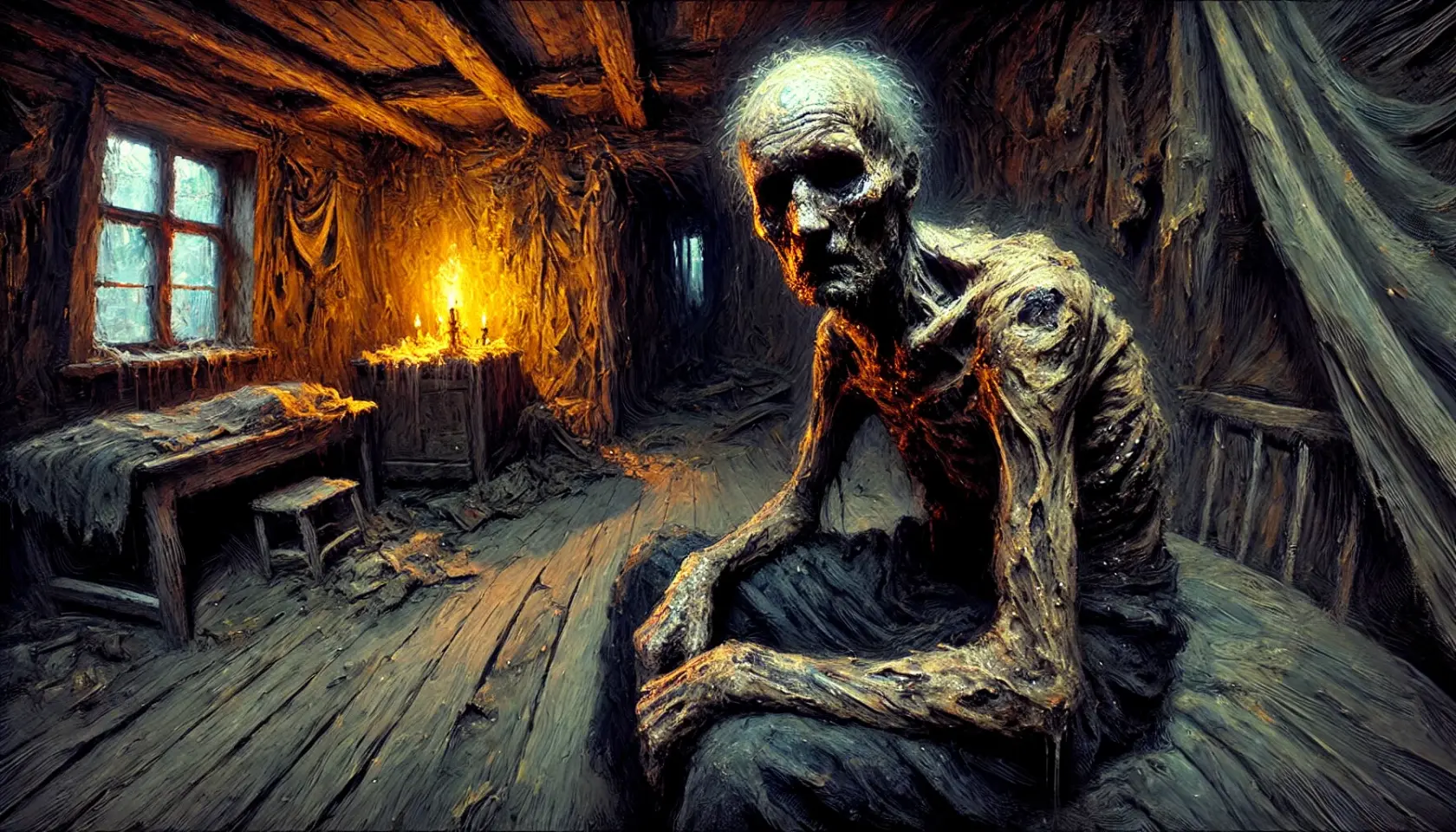 DALL·E 2025-02-19 10.06.56 - A wide-angle scene of a person in the advanced stages of the Rotmire Blight, depicted with heavy brushstrokes for a painterly, dramatic effect. They s.webp