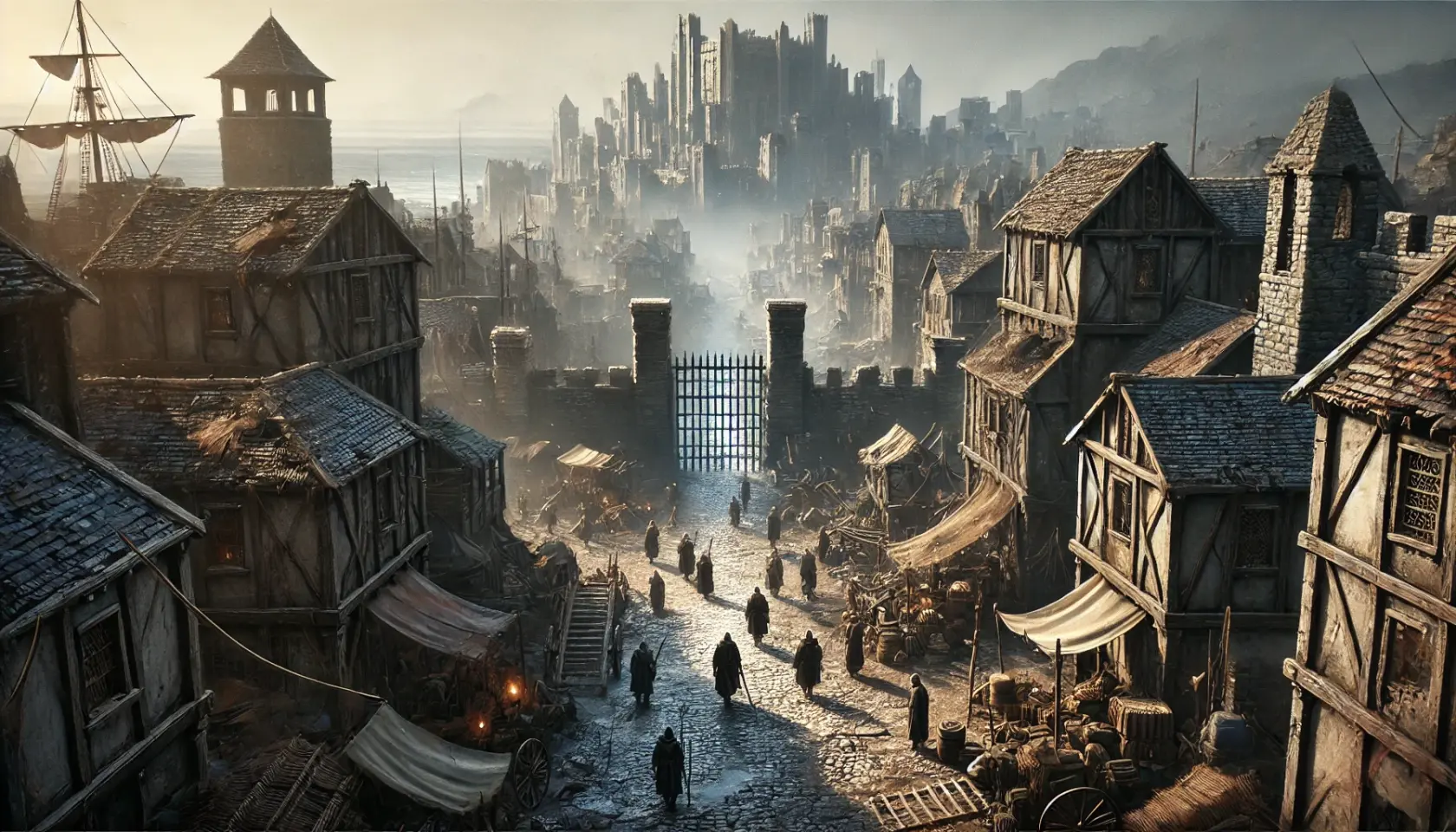 DALL·E 2025-02-17 14.46.42 - A medieval city with worn but intact outskirts, viewed from the perspective of a traveler approaching its gates. The outskirts show signs of hardship—.webp