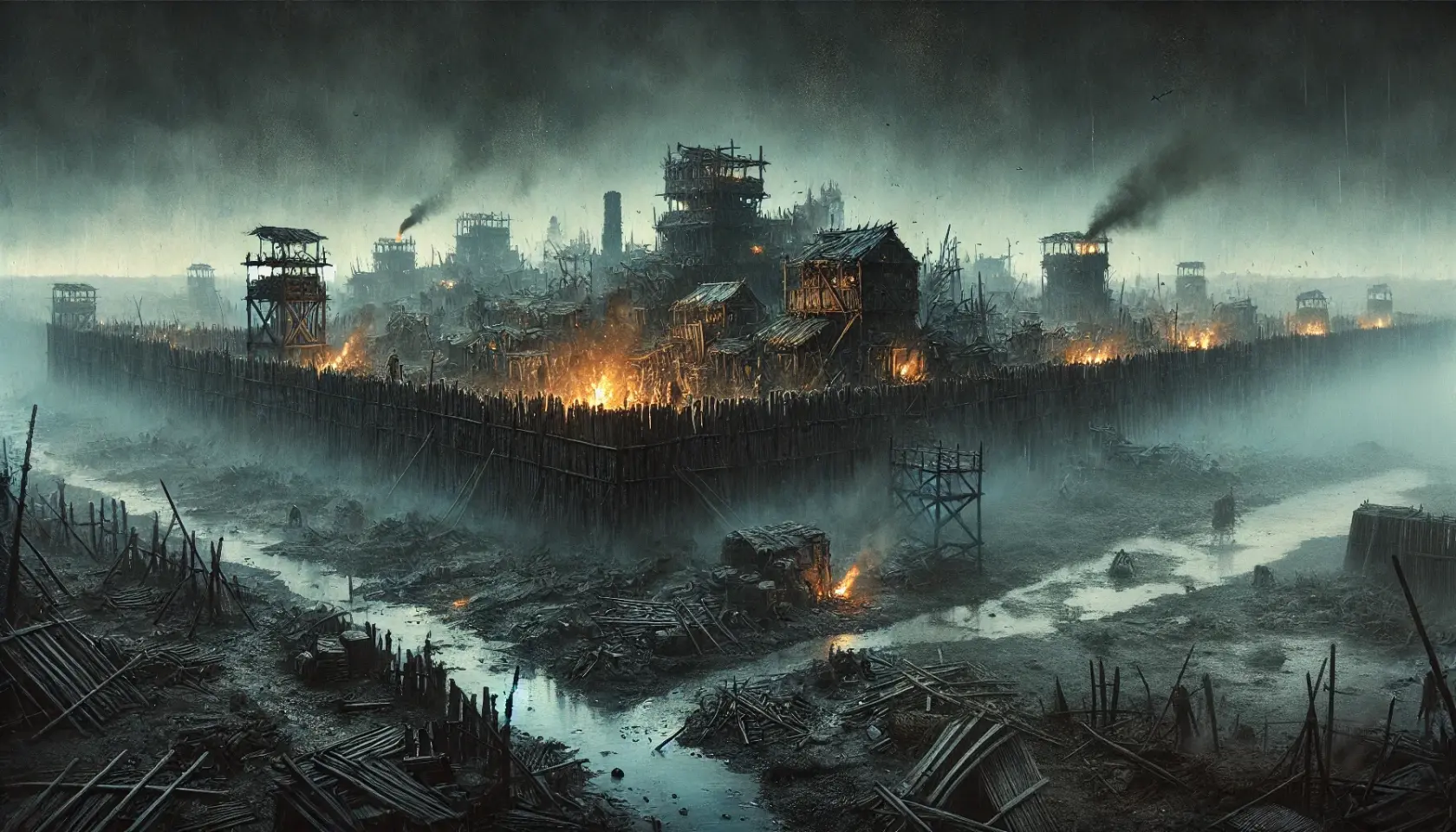 DALL·E 2025-02-17 15.30.15 - A grim, desolate night-time view of Ashenmoor, seen from the outside looking toward its makeshift walls. The settlement is now little more than a ruin.webp