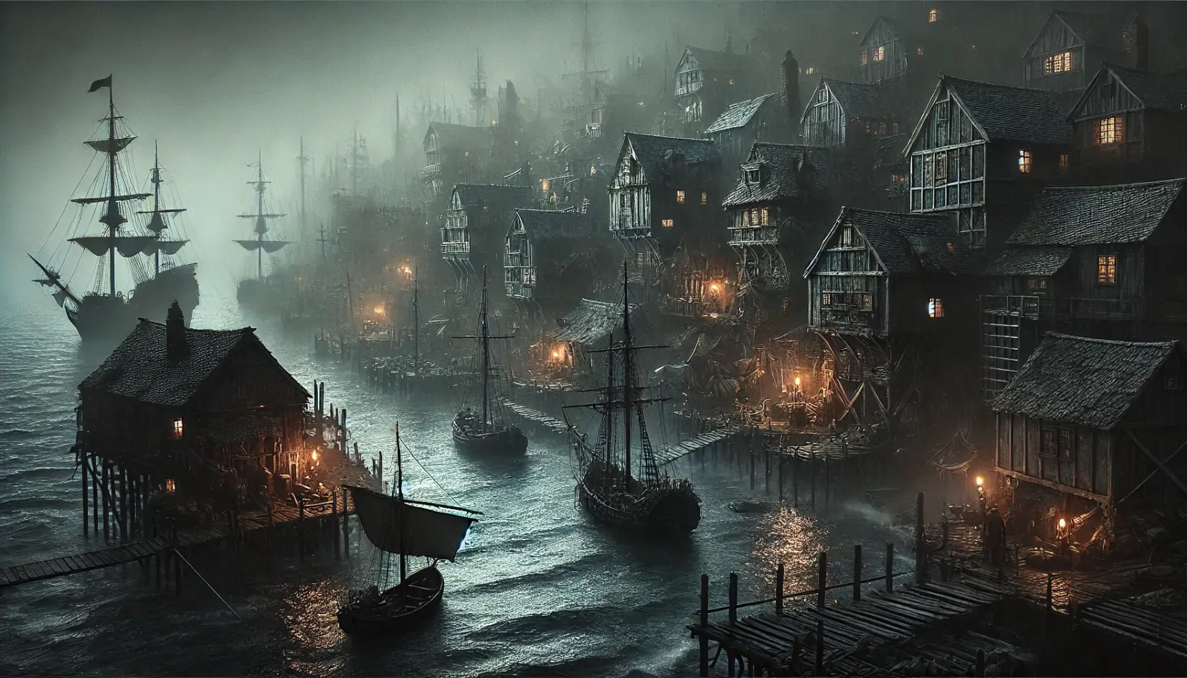 DALL·E 2025-02-17 15.13.10 - A dark and moody view of the coastal smuggler town of Greymire, seen from the perspective of the sea looking into its harbor. The town is built along .webp