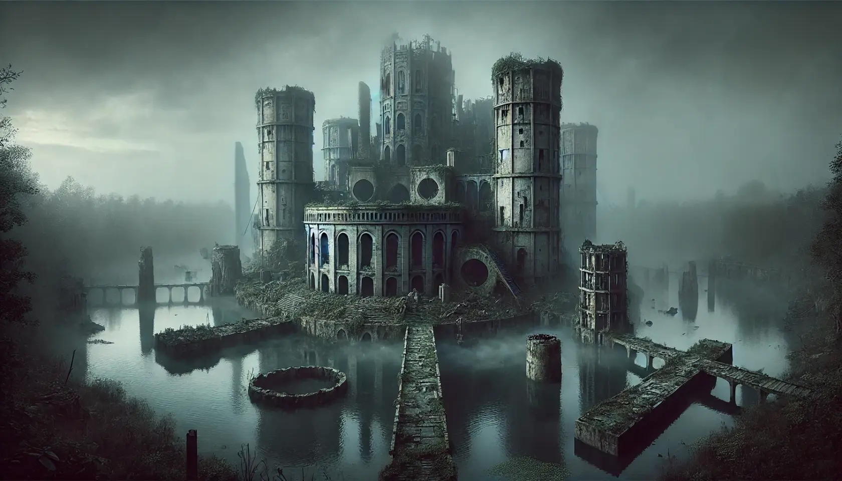 DALL·E 2025-02-20 13.36.10 - A wide shot of a partially submerged ancient ruin emerging from a swampy island, surrounded by thick mist and dark, stagnant water. Towering pale ston.webp