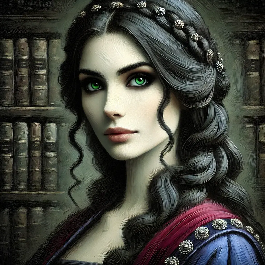 DALL·E 2025-02-16 22.16.07 - A stylized portrait of Lady Elspeth Wilthorne, a noblewoman in her 40s with raven-black hair arranged in elaborate braids woven with silver-threaded c.webp