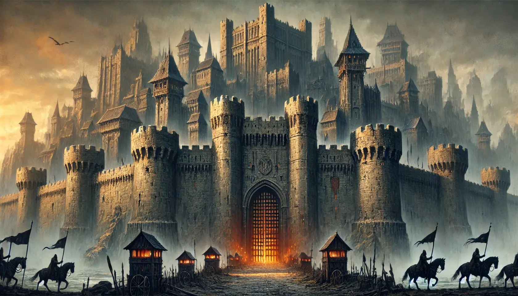 DALL·E 2025-02-17 14.37.31 - A grand medieval city named Valkenheim, depicted in a detailed painted concept art style, viewed from the perspective of someone standing outside its .webp