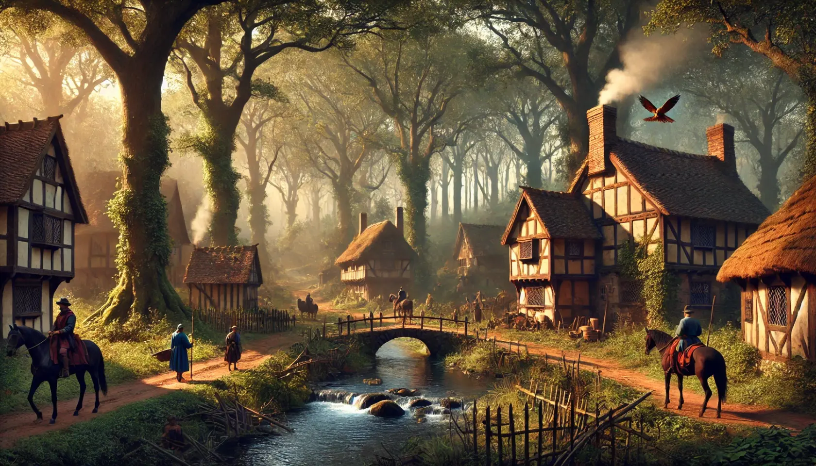 DALL·E 2025-02-21 15.43.57 - A medieval noble retreat in a secluded forest, with a more subdued and grounded atmosphere. Sunlight filters through the towering oaks, casting dapple.webp