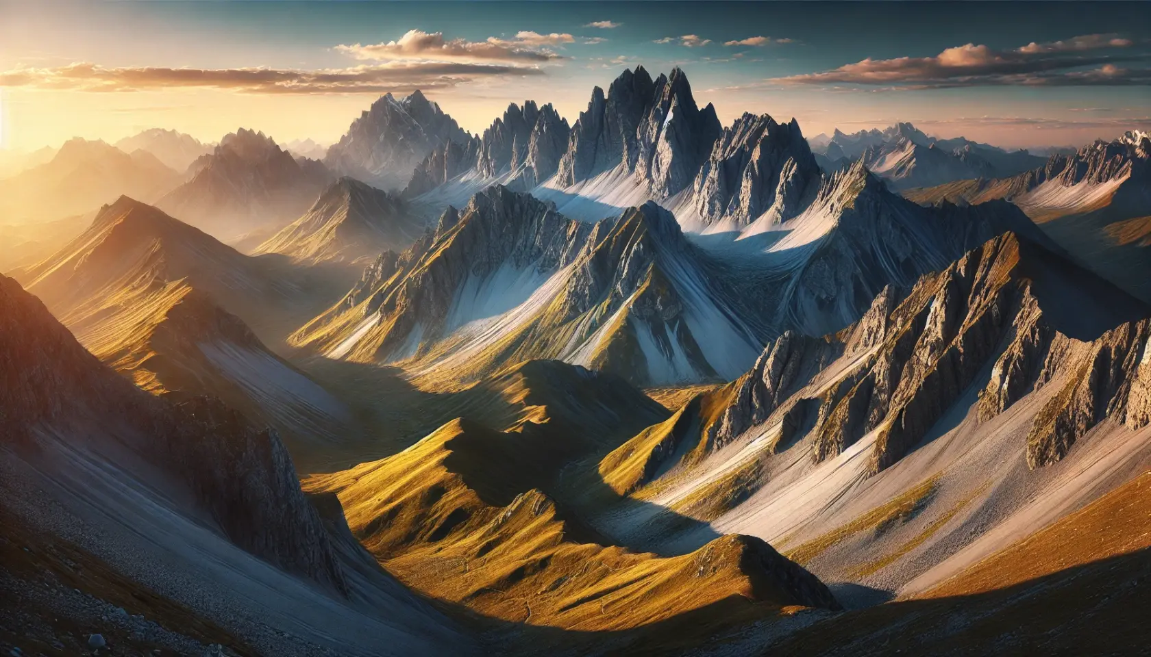 DALL·E 2025-02-18 15.05.40 - A bright and scenic mountain range with gray, ash-colored peaks stretching across the horizon. The sun casts a warm golden light over the rugged slope.webp
