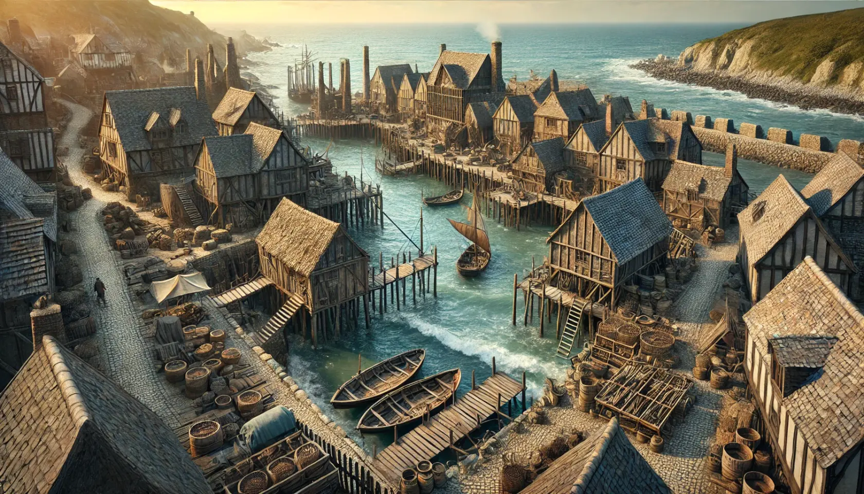DALL·E 2025-02-20 15.33.46 - A medieval coastal fishing town built upon ancient ruins, nestled along the rocky shoreline of a vast bay. Wooden docks extend into the choppy blue wa.webp