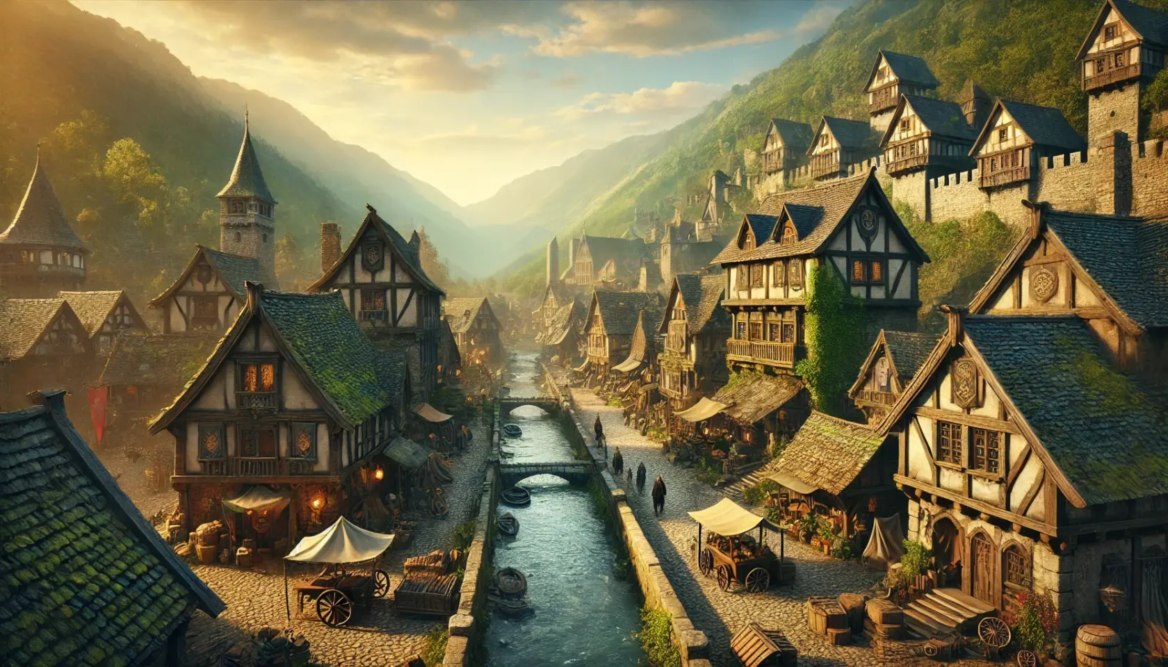 DALL·E 2025-02-19 09.02.33 - A picturesque medieval fantasy valley town nestled between rolling green hills, with a slow-moving river running through the middle. The town features.webp